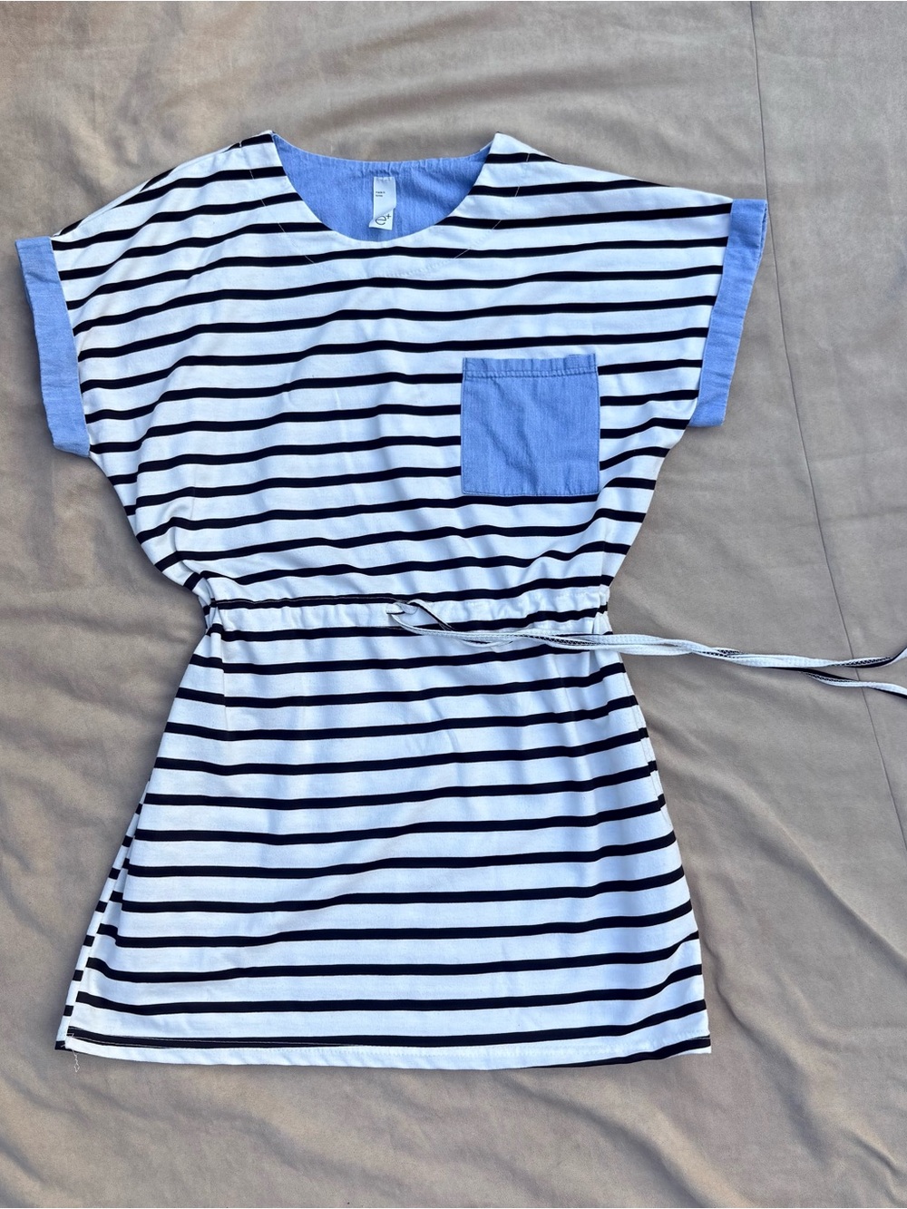 e+ While Striped Blue & White Denim Accents Corded Waist Batwing Top - M